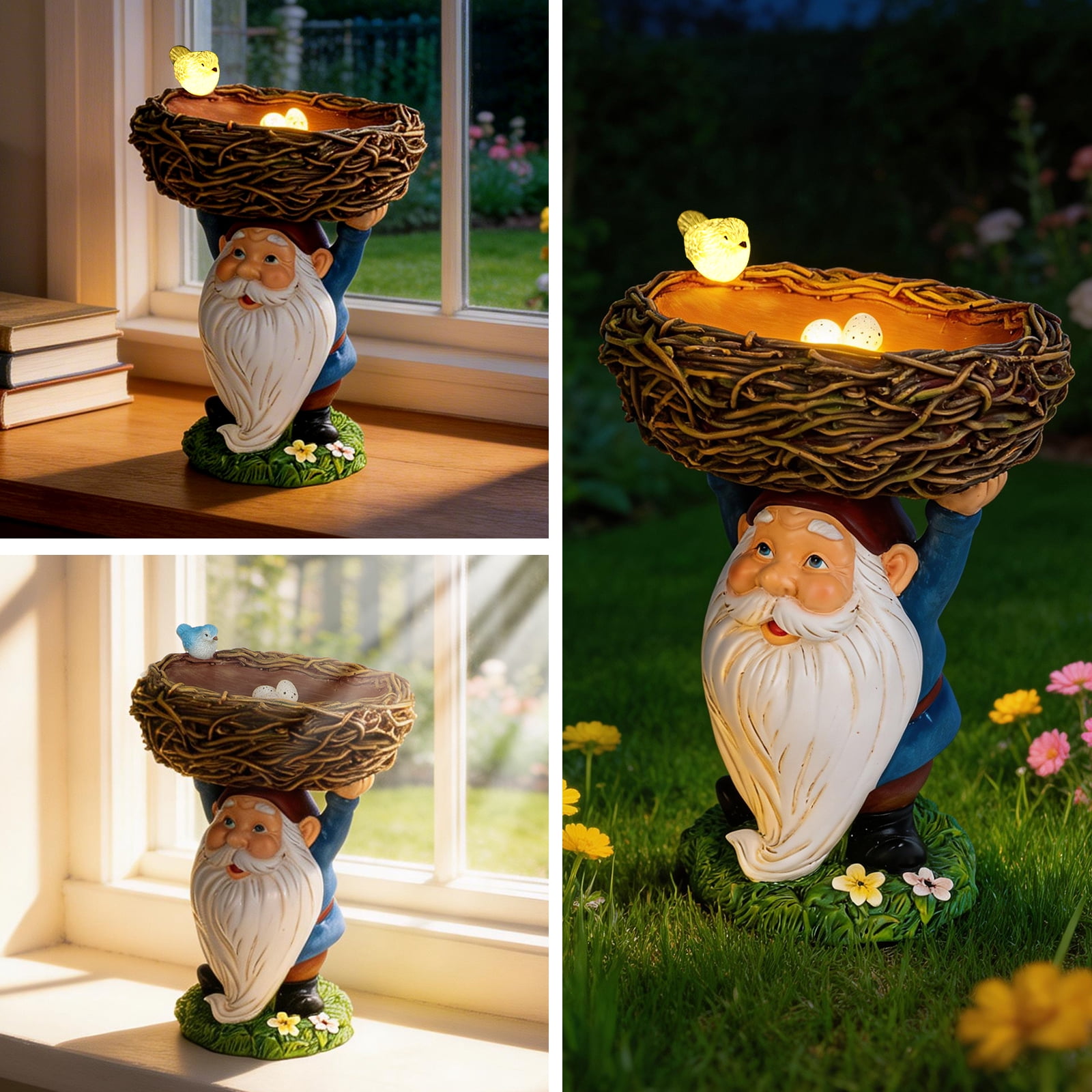 DAK Solar Garden Gnome Statue with Bird Feeder & LED Light, 9" Resin Outdoor Gnome with Nest Bowl, Waterproof UV Resistant