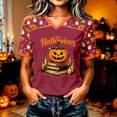 thumbnail image 2 of Yuncity Women Halloween Shirts Pumpkin Graphic Print V Neck Tees Summer Fall Baseball Short Sleeve T-Shirts Casual Loose Fashion Tops Size L, 2 of 5