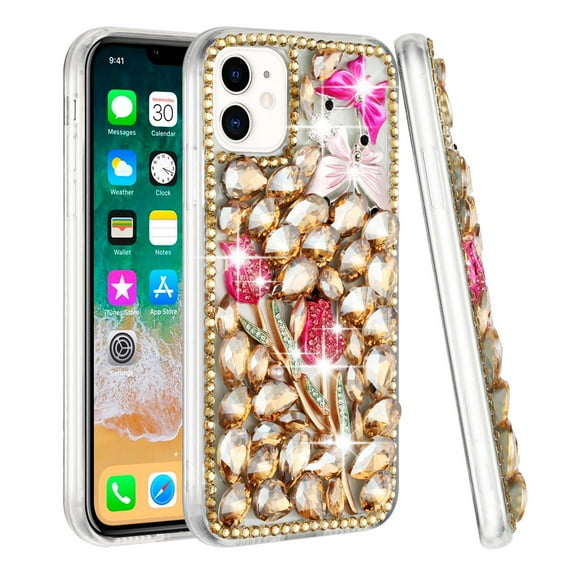 BEMZ Diamond Bling Cover Case [Rhinestone Cluster Design] [TPU Gel Full Body Protection] (with LED Flashlight Keychain) Phone Case for iPhone 13 Pro - Rose Gold Butterfly Rose Flower