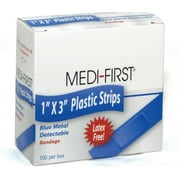 Medique Medi-First Blue Metal Detectable Bandages, 1 x 3 Inch Woven Strip-Box of 100