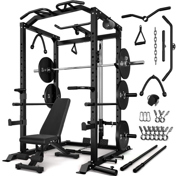 MITONOS 2000LBS Power Cage, Multi‑Function Squat Power Rack with LAT Pulldown, Pull‑Up Bar & Cable Pulley System for Home Gym