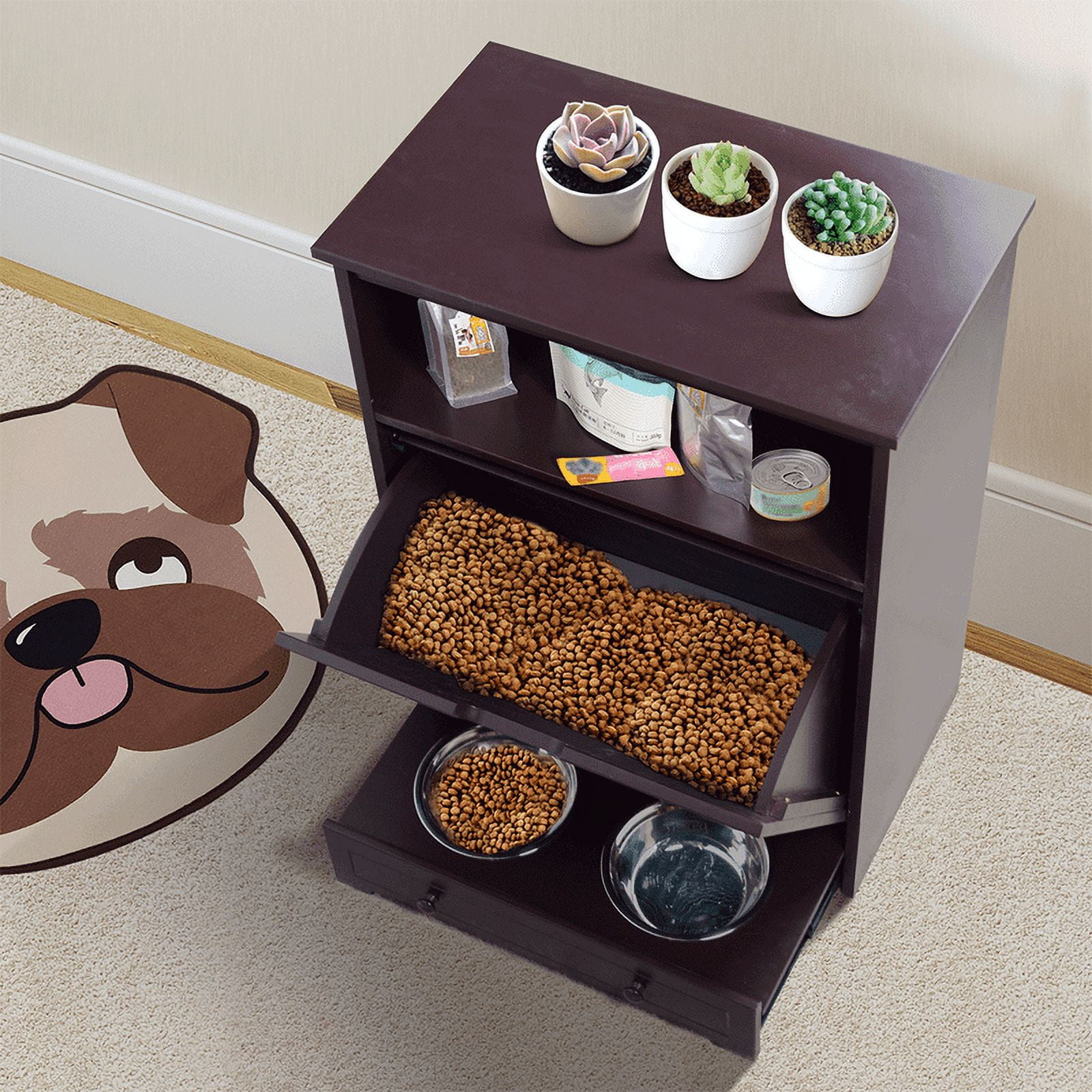 LONGHEXINA Pet Feeder Station with Storage Made of MDF and Waterproof Painted Dog and Cat Feeder Cabinet with Stainless Bowl