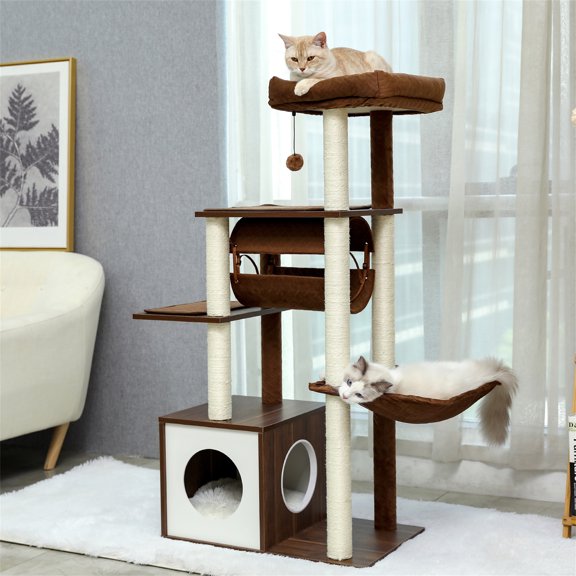 Cfowner Modern Cat Tree, 6 Levels Wooden Cat Tower with Sisal Scratching Posts Roomy Condo Spacious Perch Super Large Hammock and Swing Tunnel