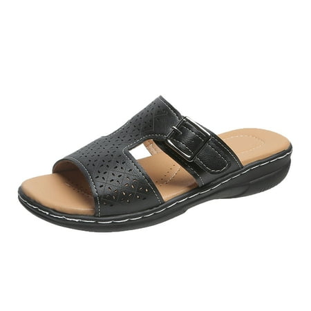 

Aompmsdx Ladies Fashion Solid Color Leather Hollow Engraved Belt Buckle Wedge Sandalselegant Woman Heeled Shoes