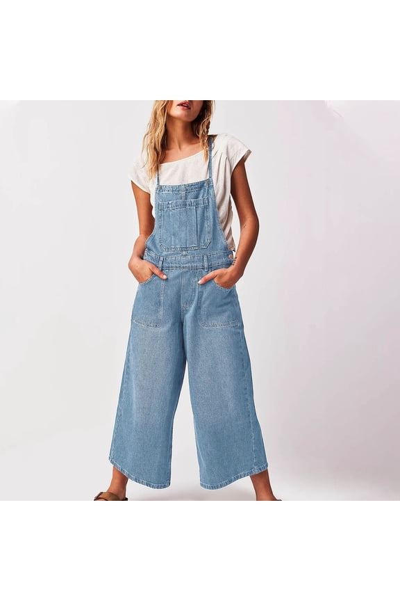 Women's Wide Leg Denim Overalls High Waist Romper with Pockets Cropped Length Casual Bib Jeans Jumpsuit for Daily Wear Light Blue XXL