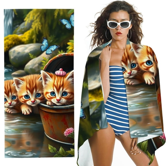 RKSupls Kitten Bucket Microfiber Beach Towel, Extra Large Quick Dry Lightweight Towel for Travel Swimming Camping, Soft Super Absorbent- 30x60 in