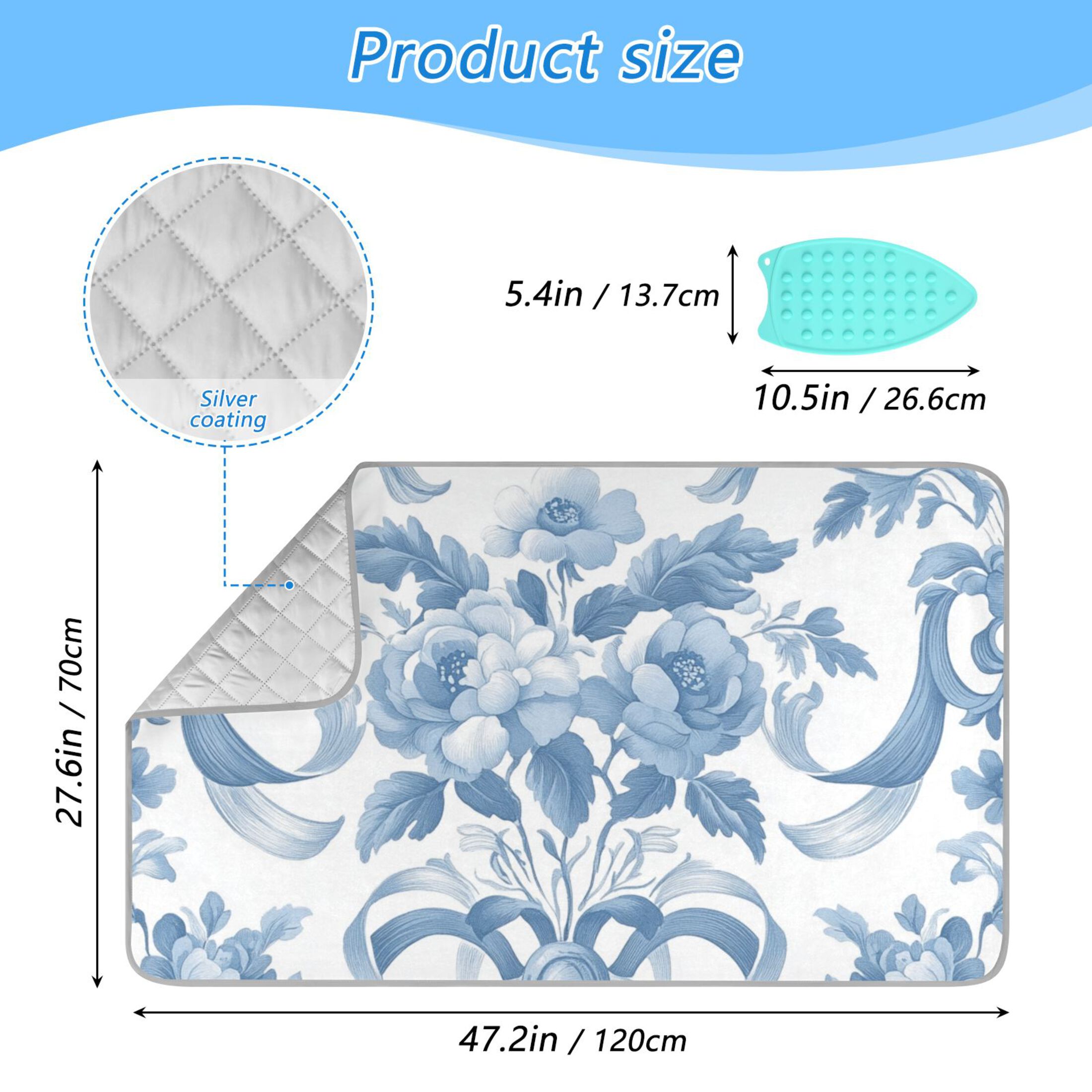 Blue Flowers Bowknots Pastel Elegant Ironing Mat Blanket Portable Travel Ironing Pad Heat Resistant Pad 47.2" x 27.6”