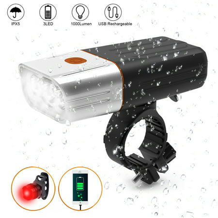 Rechargeable Bike Light,3 LED 1000 Lumen Bicycle Lights Super Bright Headlight free Taillight Set with Power Bank Function 3-Switch Modes IPX5 Waterproof for Riding Hiking Camping Headlamp