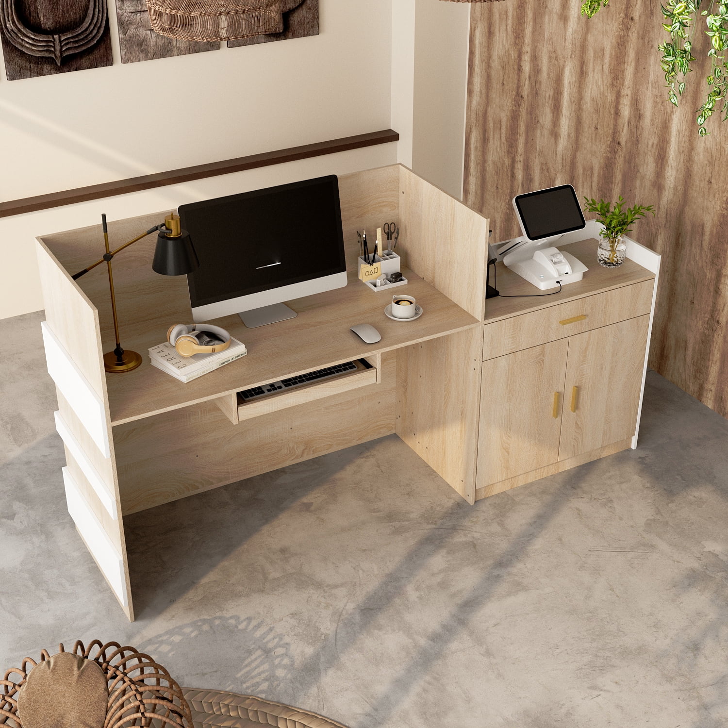 KULAGAGA Reception Desk with Drawer & Cabinet, Reception Counter Desk with Keyboard Tray, Front Reception Table Retail Counter for Checkout, for Office Store, Oak and White, 25.2”D x 87.2”W x 47.2”H