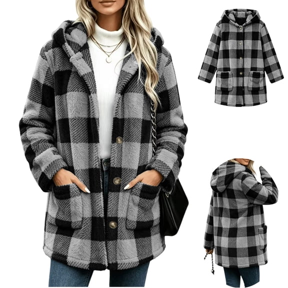Jovrlynd Womens Winter Fleece Lined Jacket Plaid Button Down Long Sleeve Warm Hooded Coats with Pockets, S-2XL