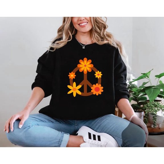70s Peace Sign With Groovy Flowers Retro Hippie Graphic Vintage Style Sweatshirt, for men & women, up to size 5XL.
