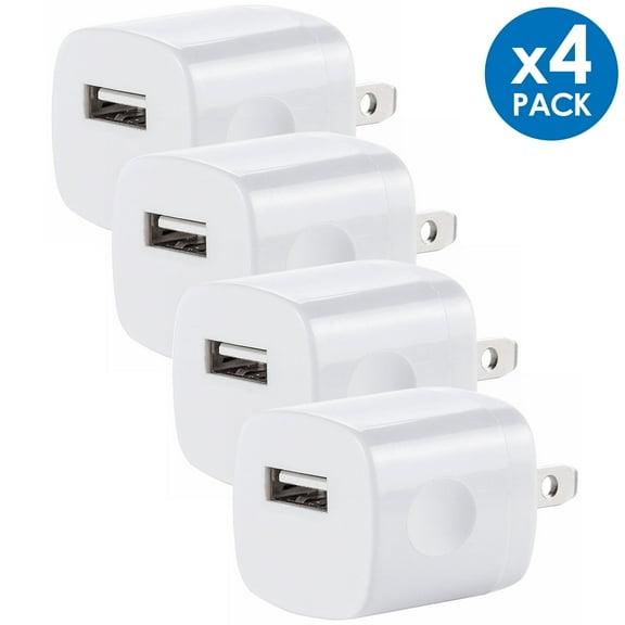 Universal USB Wall Charger Power Adapter Plug 1A 5V Travel Charger USB Charging Brick AC Power Adapter For Phone 6 / 7 / 8 / X / Xs / Xs Max / 11 / 11 Pro Max, Galaxy S8/S9/S10, LG, Google [4-PACK]