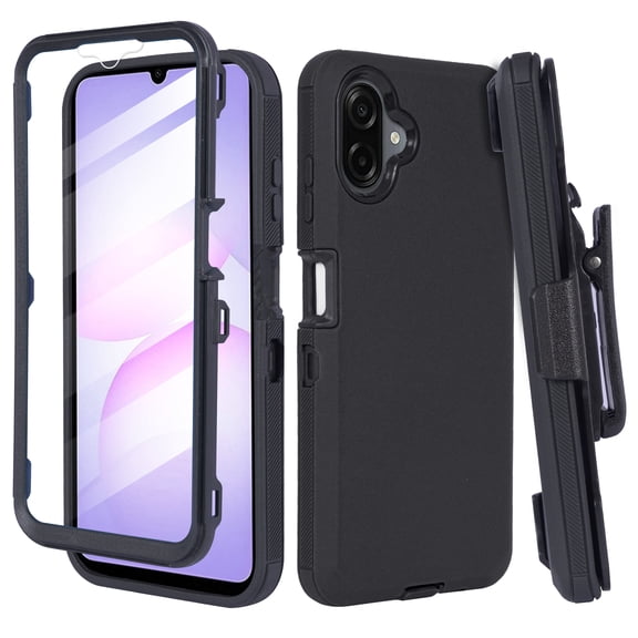 6GOODEALS Compatible for Samsung Galaxy A07 4G / A07 Case with Built-in Screen Protector, Belt Clip Holster, Kickstand, Heavy Duty Rugged Protective Cover, Black