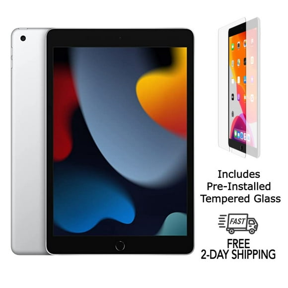 Refurbished Apple iPad 9th Gen A2603 (WiFi + Cellular Unlocked) 256GB Silver (Grade A) w/ Pre-Installed Tempered Glass