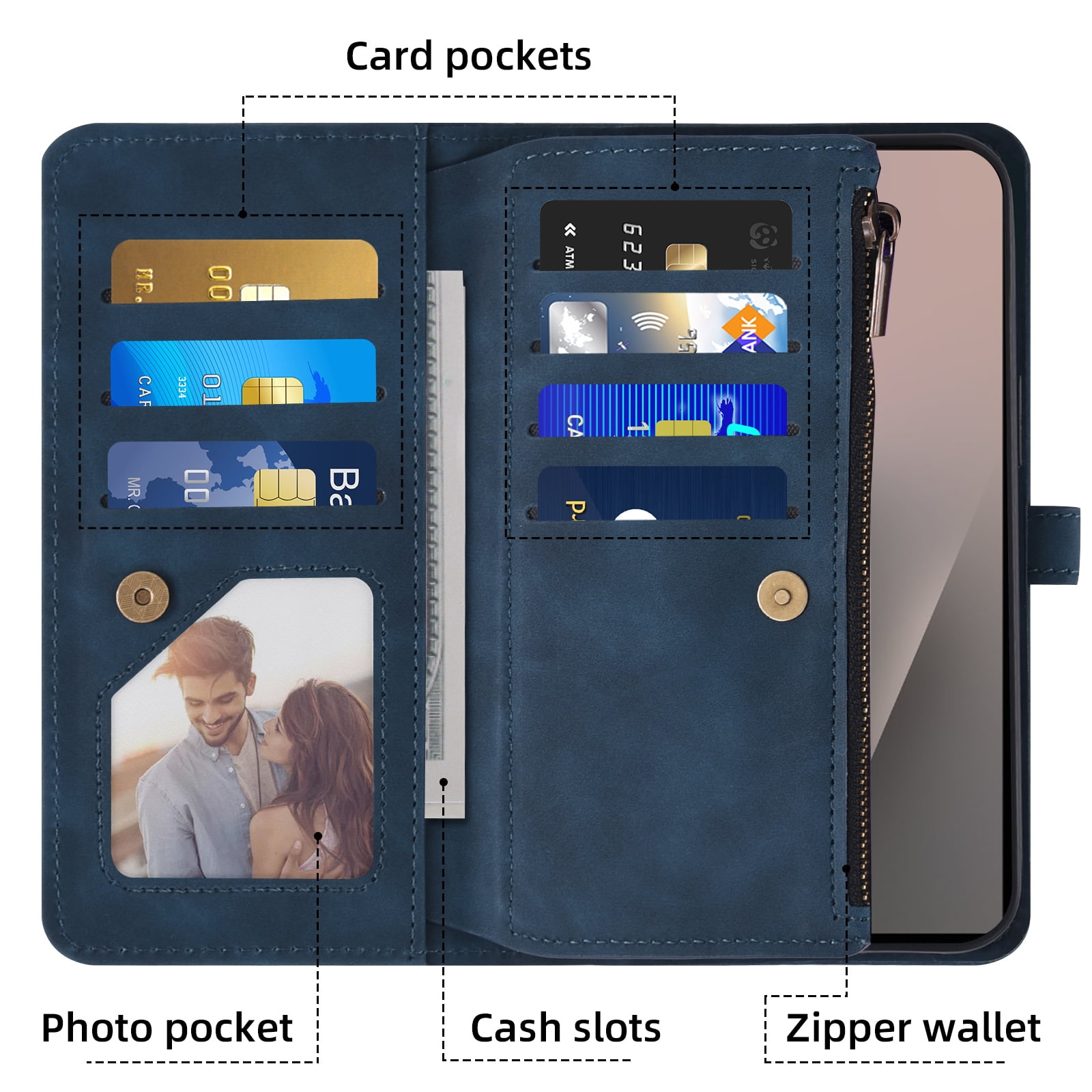 Asuwish Phone Case for Samsung Galaxy Z Fold 7 Wallet Cover Crossbody Wrist Strap Flip Pattern Zipper Credit Card Holder Stand Cell ZFold Z7 G Fold7 7Z Women Blue