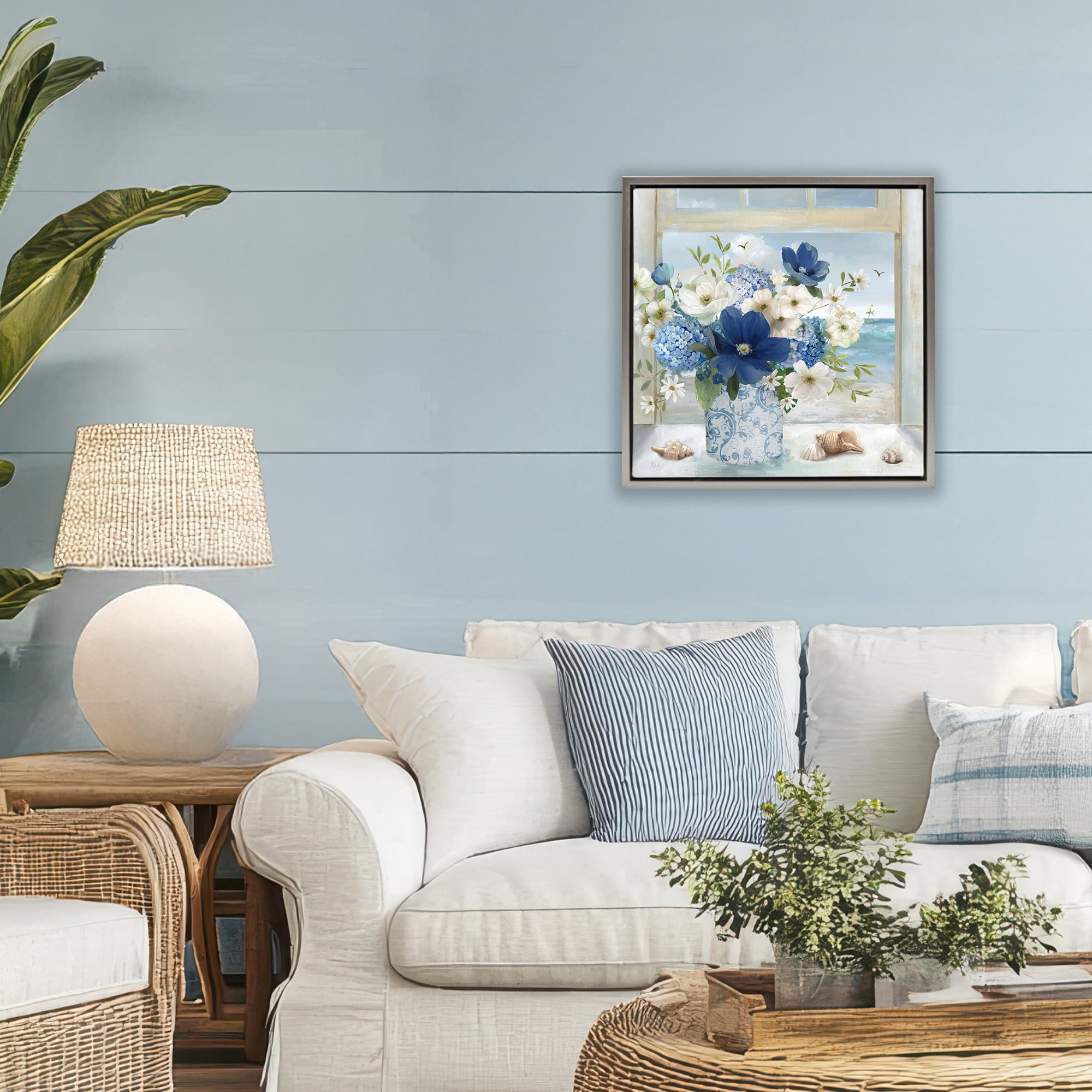 Stupell Industries Seaside Blue & White Arrangement Gray Framed Floater Canvas Wall Art, design by Nan