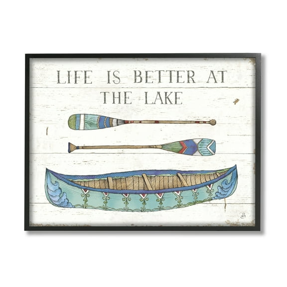 Stupell Industries Life Better At Lake Rustic Canoe Ores Grain Pattern Graphic Art Black Framed Art Print Wall Art, Design by Daphne Brissonnet