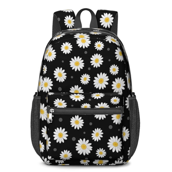 Daisy Pioneer Flower Black Pattern 17" School Backpacks for Teens,Waterproof Oxford Fabric,S-Shape Padded Straps for School,Travel,Hiking,Camping