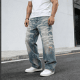 thumbnail image 2 of Men's 100% Cotton Non-Stretch Baggy Jeans - Marble Bleach Wash Distressed Wide-Leg Denim Pants, Streetwear-Inspired Loose Fit Trousers, 2 of 4