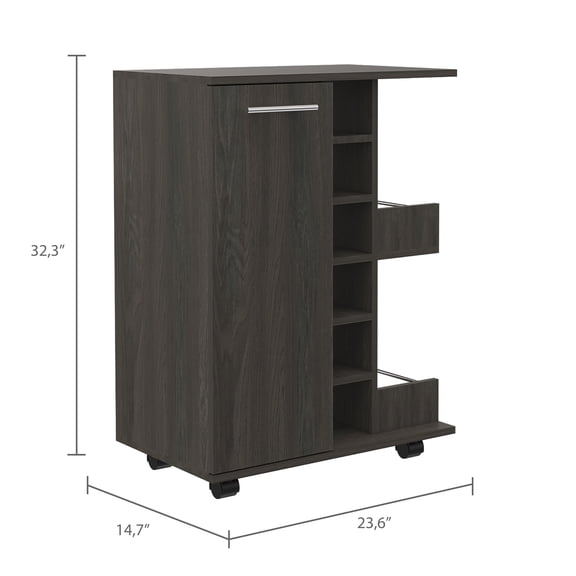 FM FURNITURE Tennessee Bar Cart, One Cabinet With Division, Six Cubbies For Liquor, Two Shelves