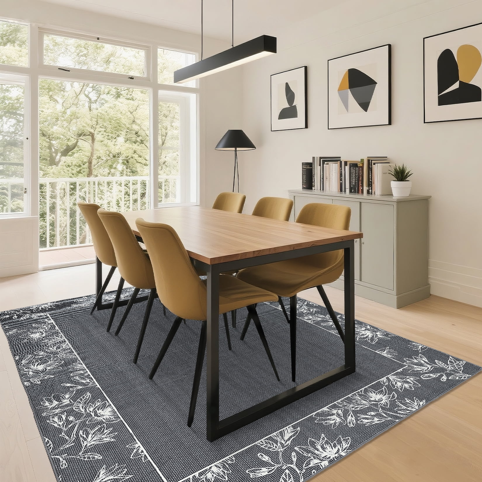 Garvee 9'x12' Solid Floral Area Rugs Modern Bordered Washable Rugs, Soft Non Slip Carpet Low Pile Rug for Living Room Bedroom Home Decor, Dark Gray