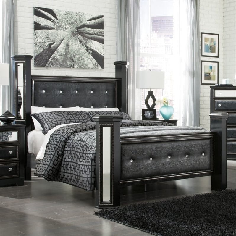 Ashley Alamadyre Faux Leather Queen, Black Queen Poster Bed