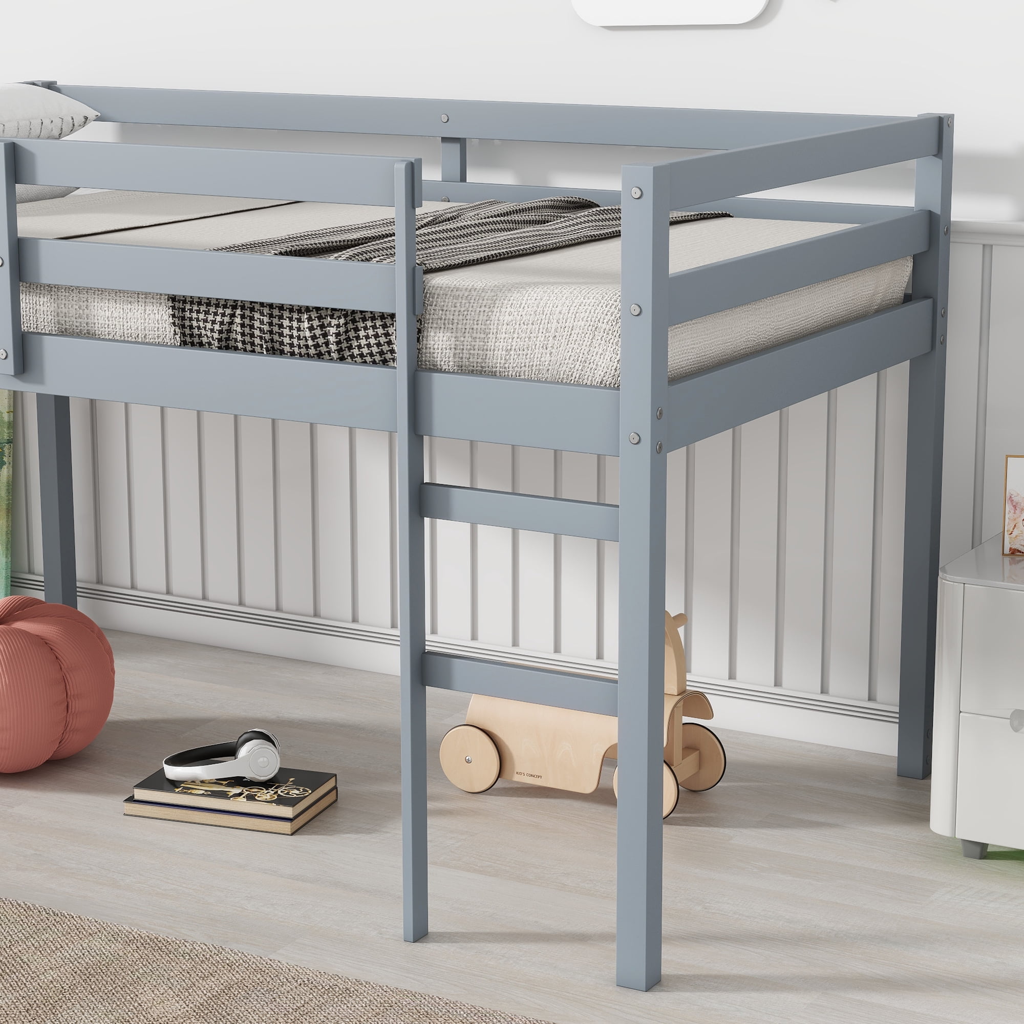 Alvantor Twin Loft Bed for Kids Wooden Bed Frame with Stairs, No Box Spring Needed, Grey