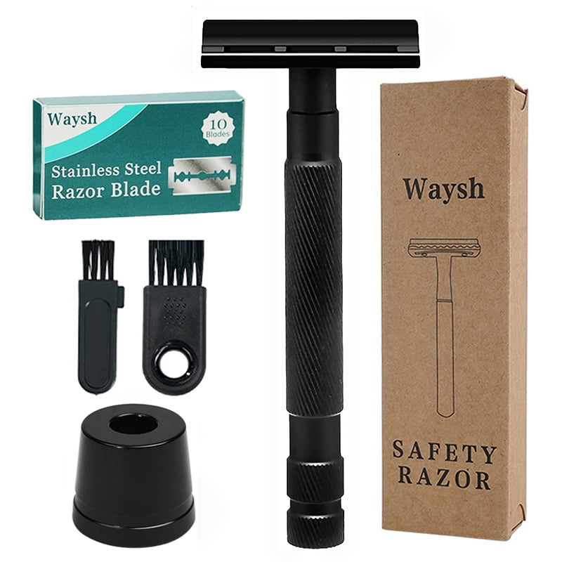 Waysh Classic Double Edge Safety Razor Gift Set for Men with Knurled Non-Slip Handle, Includes Stand & 20 Blades, Matte Black