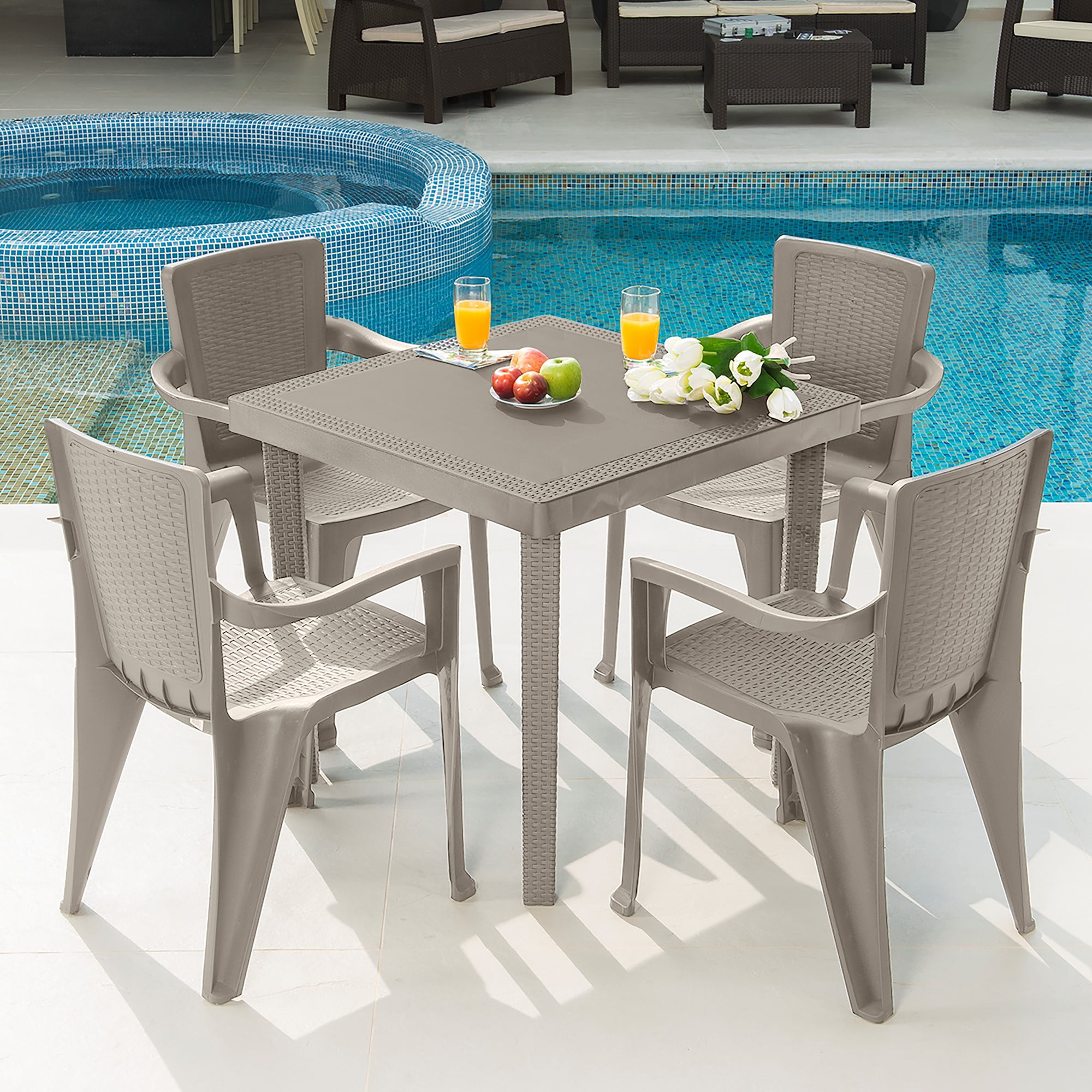 mq infinity pp resin 5-piece outdoor patio table and chairs set, taupe