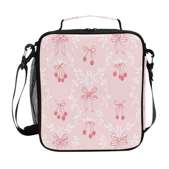 Cherries with Pink Bows Elegant Insulated Lunch Bag Reusable Lunch Box Lunch Container with Straps