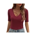 thumbnail image 2 of VISgogo Ladies Temperament Slim Knitwear, Primavera Verano Mujer Estilo de ocio Color sólido Cuello en V Manga corta Tops Camisa base VISgogo moda, 2 of 9