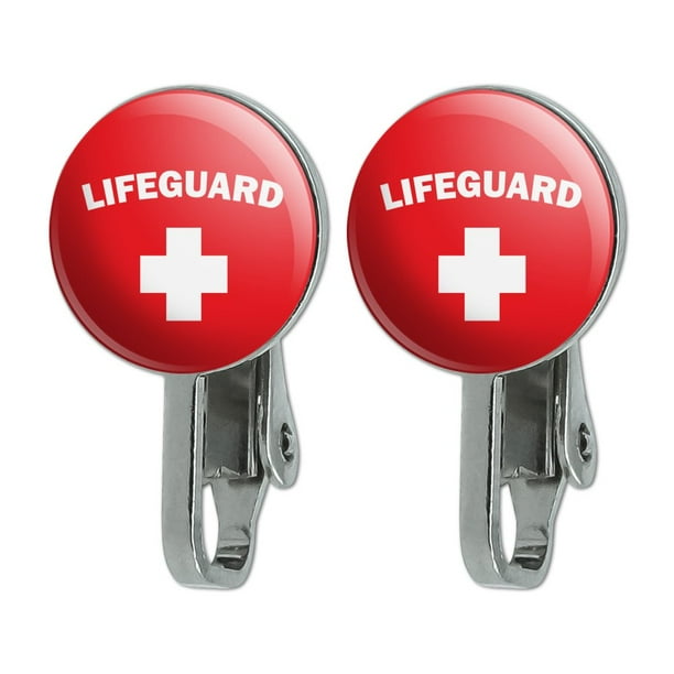 Graphics and More Lifeguard Red and White Novelty ClipOn Stud Earrings
