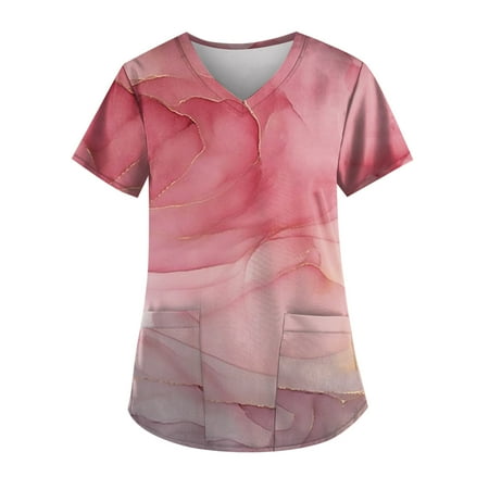 

Strungten Plus Size Printed Scrub Working Uniform Tops For Women V-Neck Short Sleeve T-Shirts Workwear Tee With Pockets summer tops for women 2023 trendy