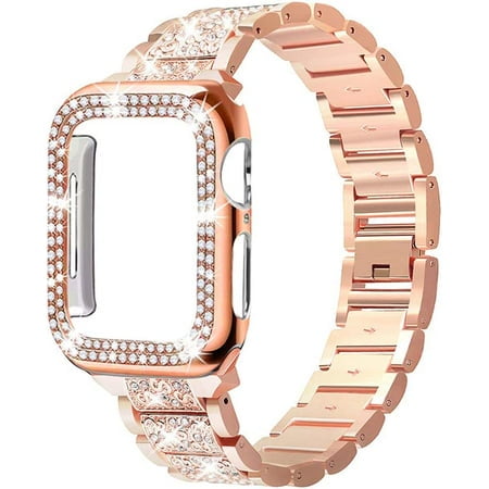 Compatible with Apple Watch Band 45mm 44mm 41mm 40mm, Women Rhinestone  Stainless Steel Band with Bling Diamond Case for iWatch SE Series 8 SE 7 6  5 4