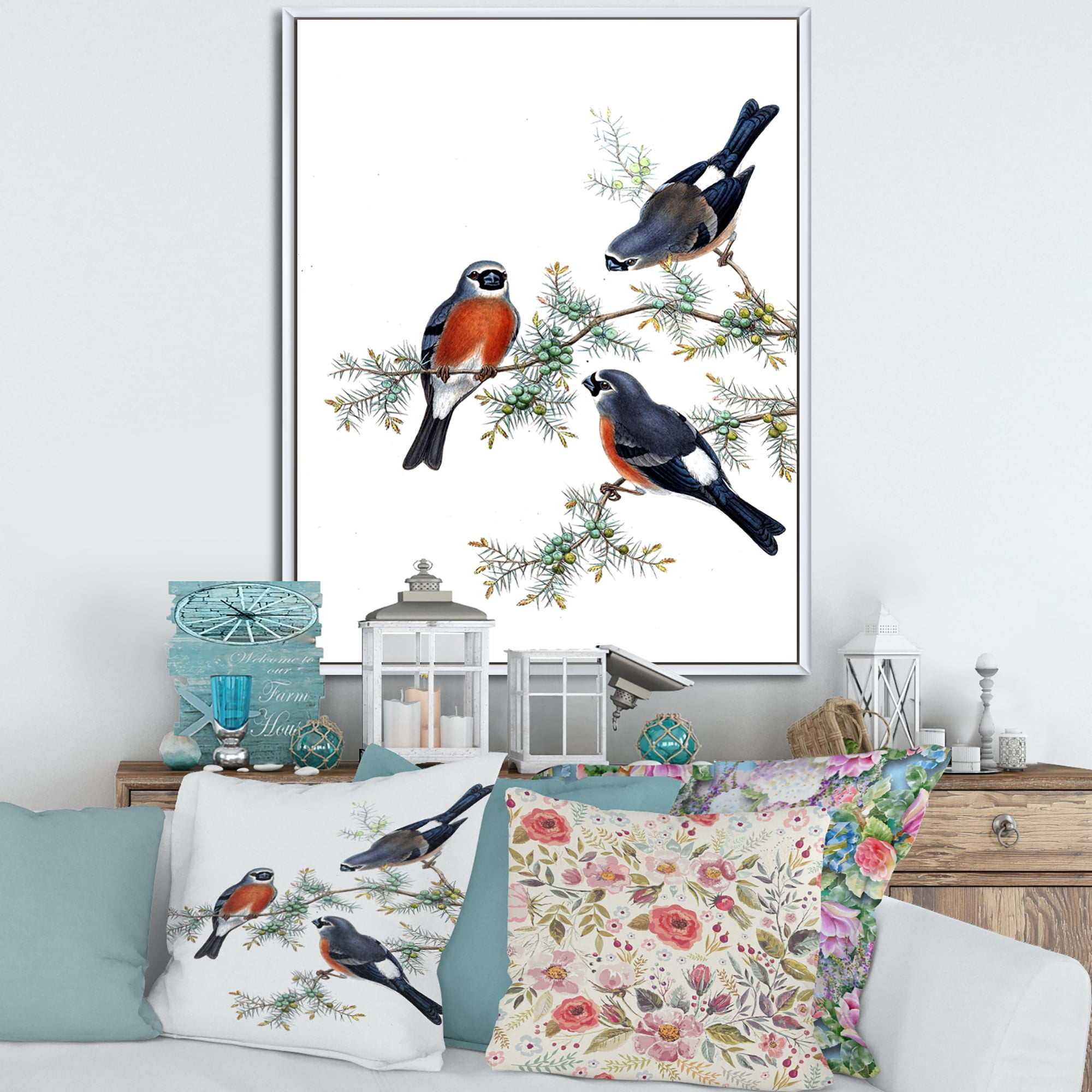 Designart 'Vintage Countryside Birds On Branch III' Farmhouse Framed Canvas Wall Art Print
