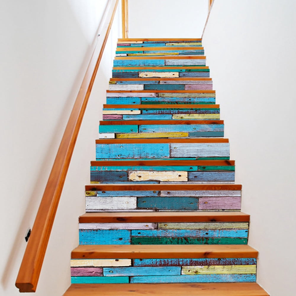 Stair Stickers WALL Home Rustic Colorful Patchwork Wooden Printed Stairs Self Adhesive Decoration Wall Sticker 39.37"x7.09"