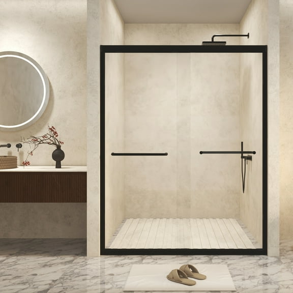 50-54" W × 72" H Tempered Glass with Explosion Proof Film, Aluminum Frame Double Sliding Shower Door, "1/4 (6 mm), Stainless Steel handle, Matte Black