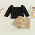 thumbnail image 2 of Toddler Kids Girls 2 Pieces Outfits  Solid Color Knitted Ribbed Puff Long Sleeve Tops + PU Leather Buttons Shorts Set, 2 of 9