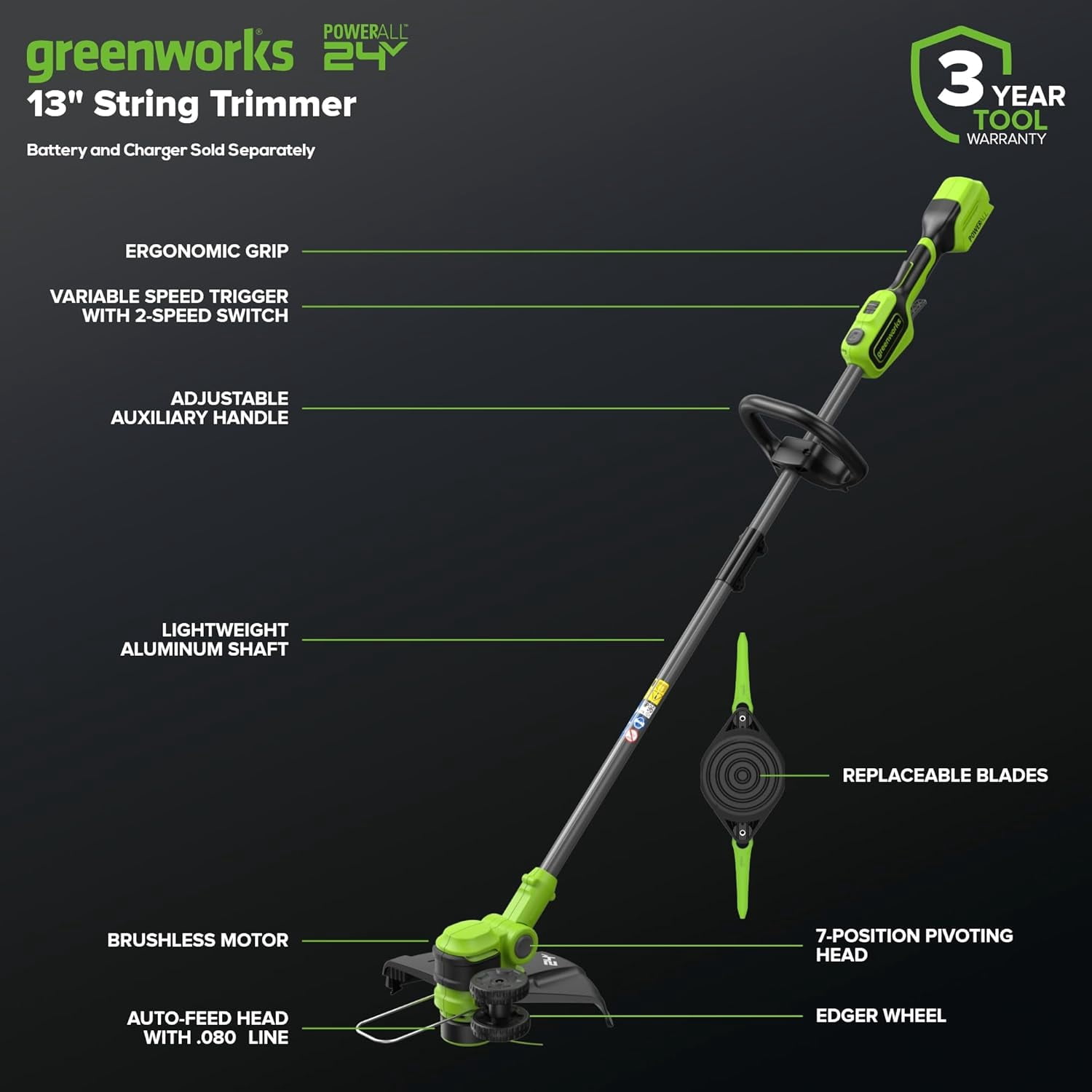 Greenworks 24V 13" BL String Trimmer/Edger TO