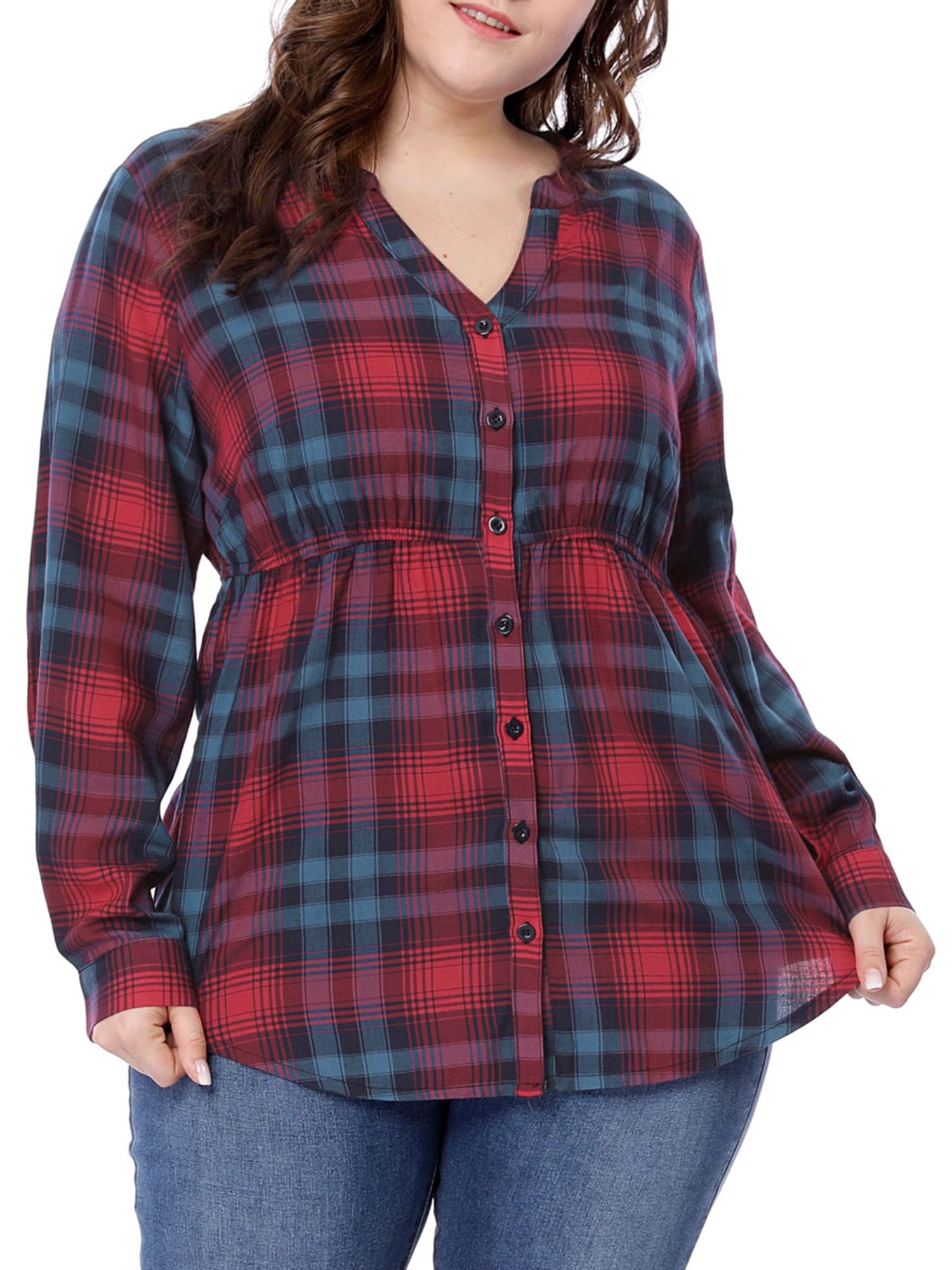 Unique Bargains - Women Plus Size Empire Waist V Neck Button Down Plaid ...