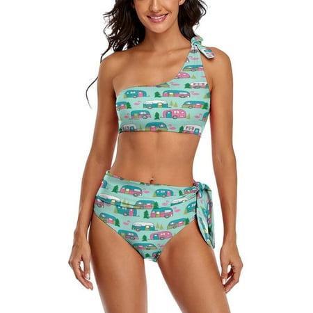 Cute Pink And White Flamingo Retro Road Trip One Shoulder Bowknot Swimsuit Two Piece Swimsuit Knot Crop Top Bikini High Waisted Bathing Suit