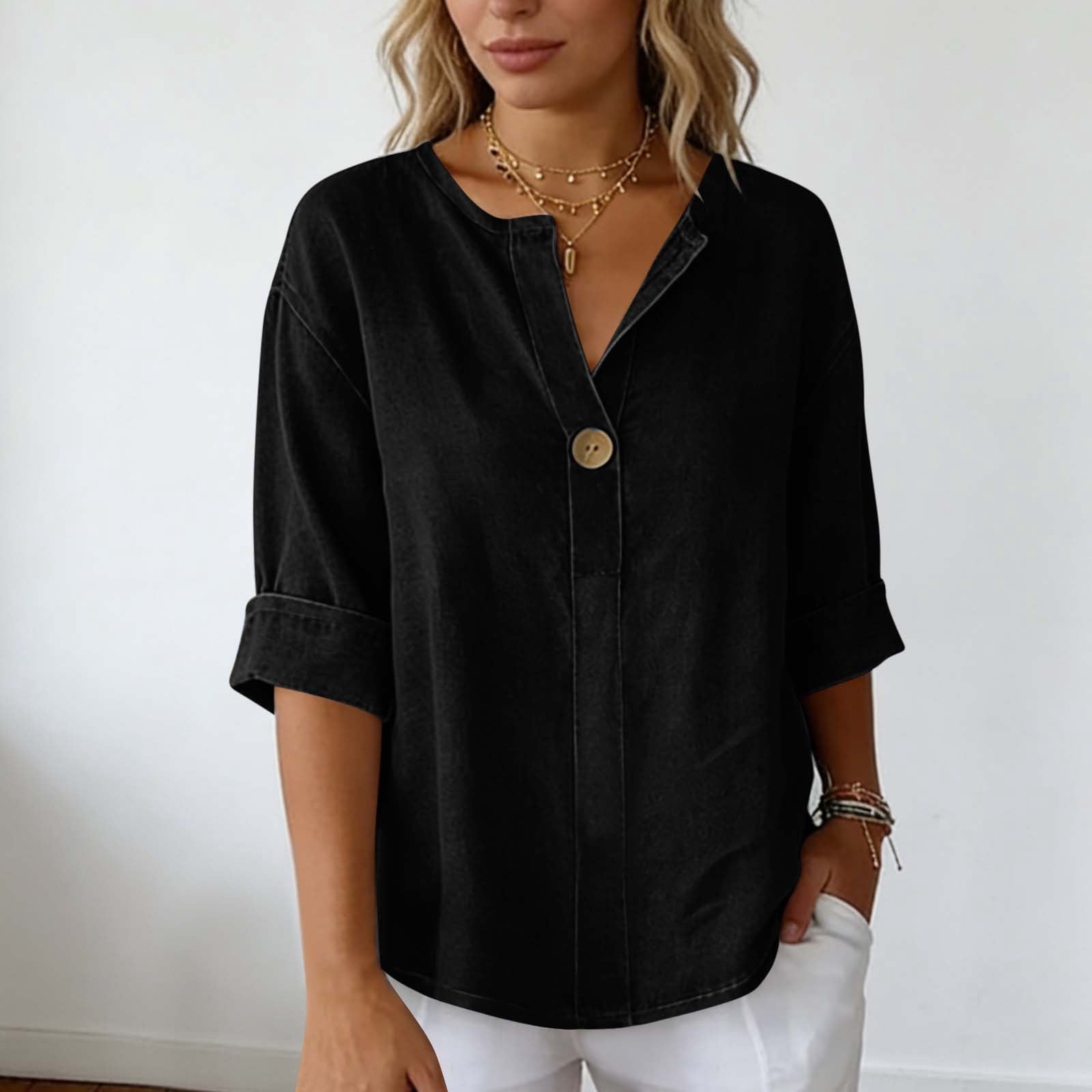 YHAJDS Women's T-Shirts Solid Color V Neck 3/4 Sleeve Relaxed Fit Casual Everyday Top