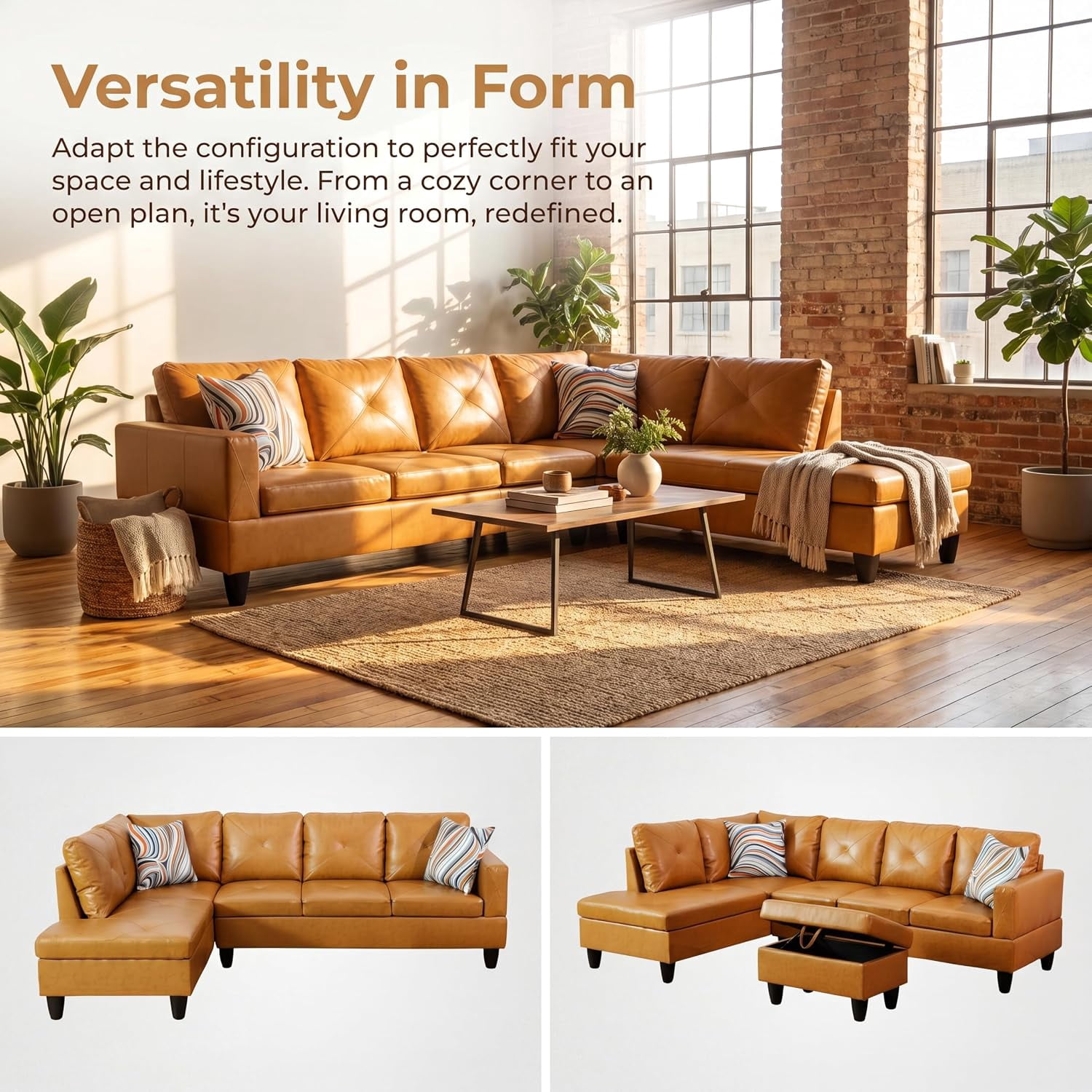 3-Piece L-Shaped Sectional Sofa with Movable Chaise & Storage Ottoman, Faux Leather Living Room Modular Convertible Couches Set for Home Apartment Office, Ginger