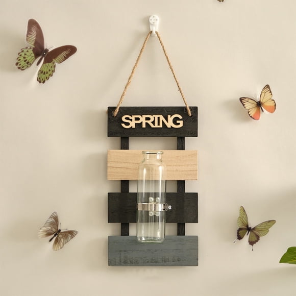 Jarrón Decorativo de Madera para Pared | Maceta Hidropónica de Vidrio con Cuerda Gruesa para Colgar | Decoración Rústica y Natural para El Salón | Portaflores Versátil para Flores Secas o Frescas | D