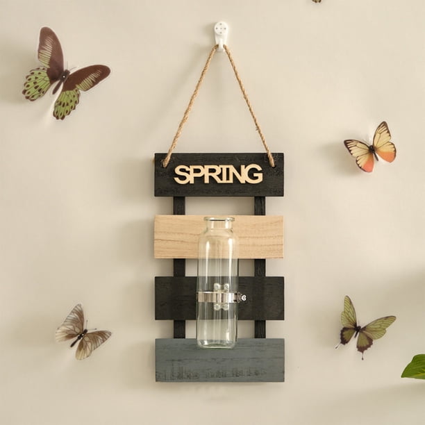 Jarrón Decorativo de Madera para Pared | Maceta Hidropónica de Vidrio con Cuerda Gruesa para Colgar | Decoración Rústica y Natural para El Salón | Portaflores Versátil para Flores Secas o Frescas | D