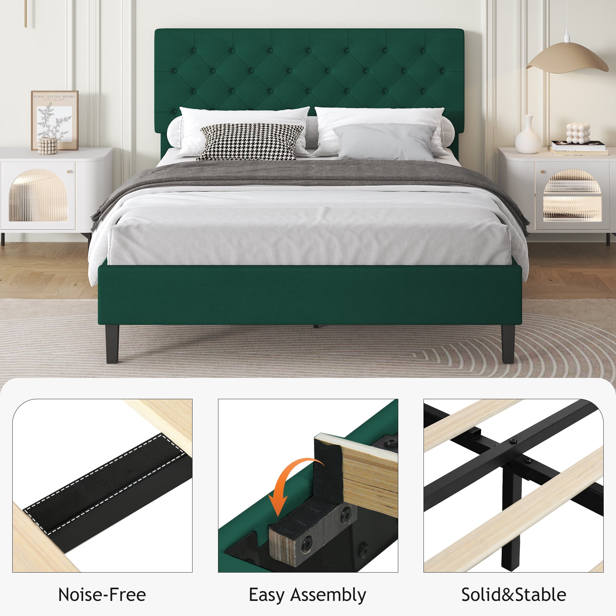 4 EVER WINNER Queen Bed Frame, Queen Upholstered Platform Bed with Button Tufted Headboard, Green