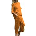 thumbnail image 4 of ASDFVBKG Linen Sets for Women 2 Piece, 3/4 Length Sleeve Linen Sets Women – Casual Shirt & Wide Leg Pants Outfit for Cozy Style Yellow L, 4 of 5