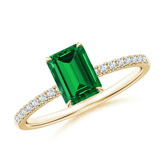 ANGARA Lab Grown 1 Ct Emerald-Cut Emerald Hidden Halo Engagement Ring for Women in 14K Yellow Gold (Size-7x5mm) | May Birthstone, Anniversary, Jewelry Gift for Women | Lab-Grown Emerald Ring