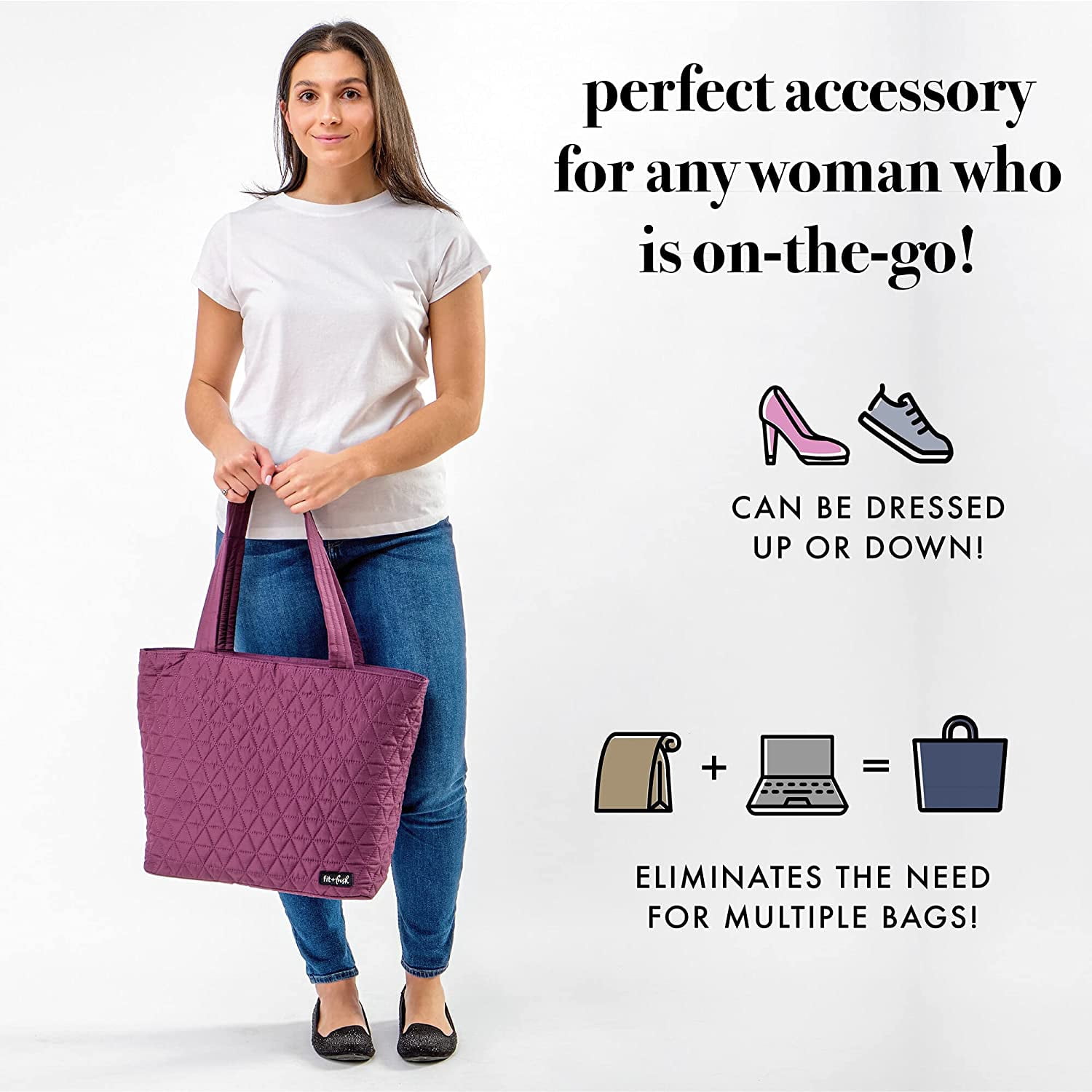 Fit + Fresh Quilted Metro Lunch and Laptop Tote, 2 -in-1 Lunch Bag, Plum