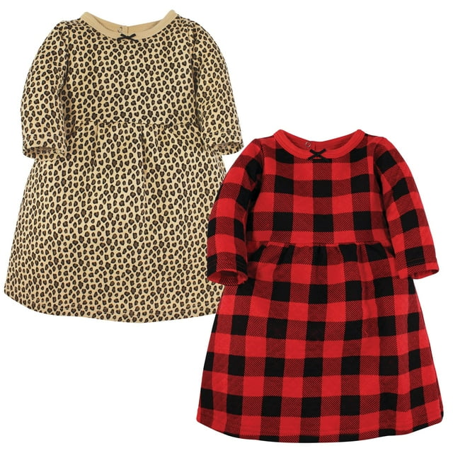 Hudson - Vestidos de algodón para niña, diseño de leopardo, cuadros de búfalo, 18 a 24 meses